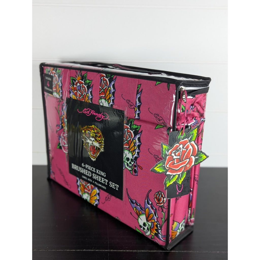 Ed Hardy 6 pc King Sheet Set Skulls Roses Tattoo Print w/4 Pillowcases