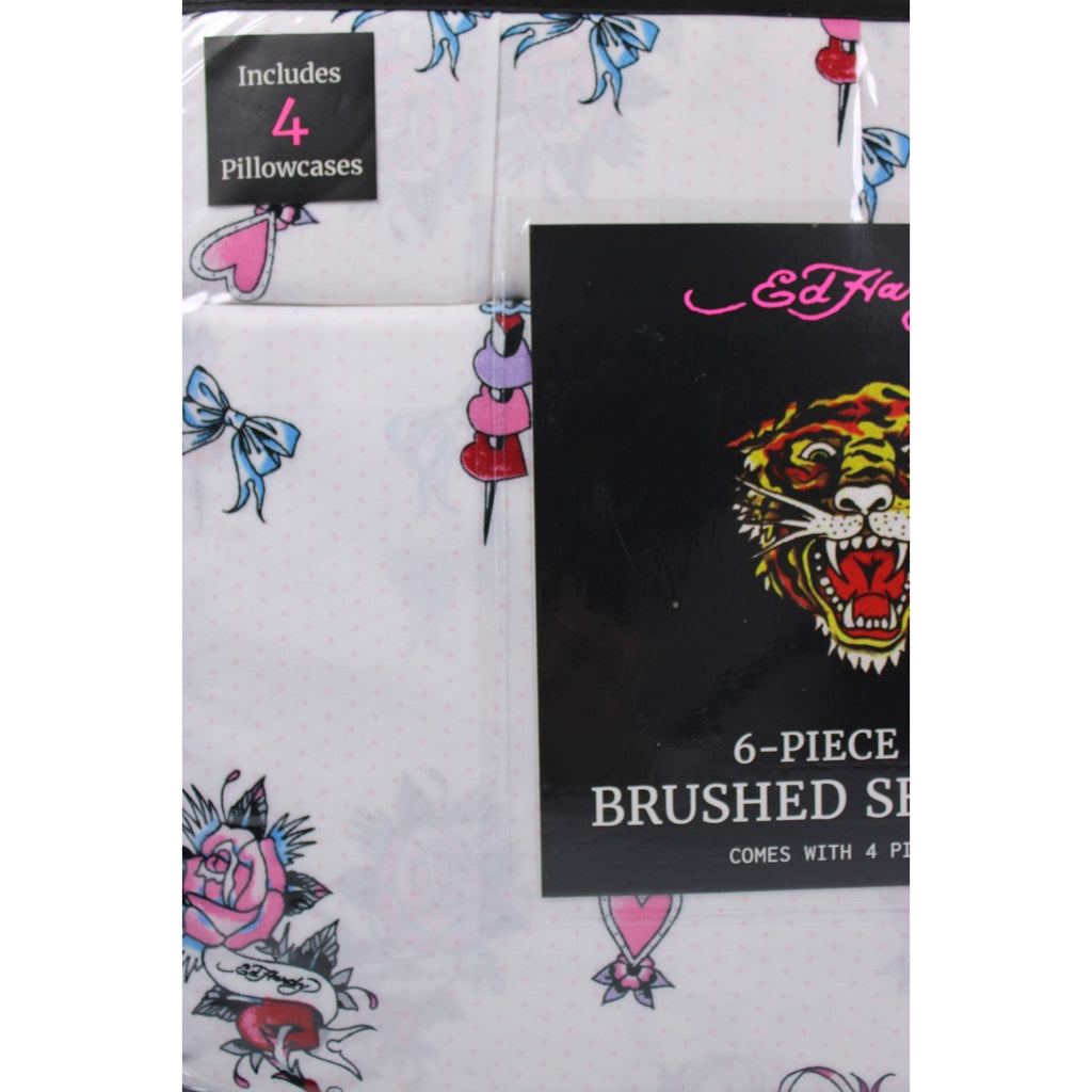 Ed Hardy KING 6pc Sheet Set with 4 Pillowcases Skulls, Bows, Roses, Hearts print