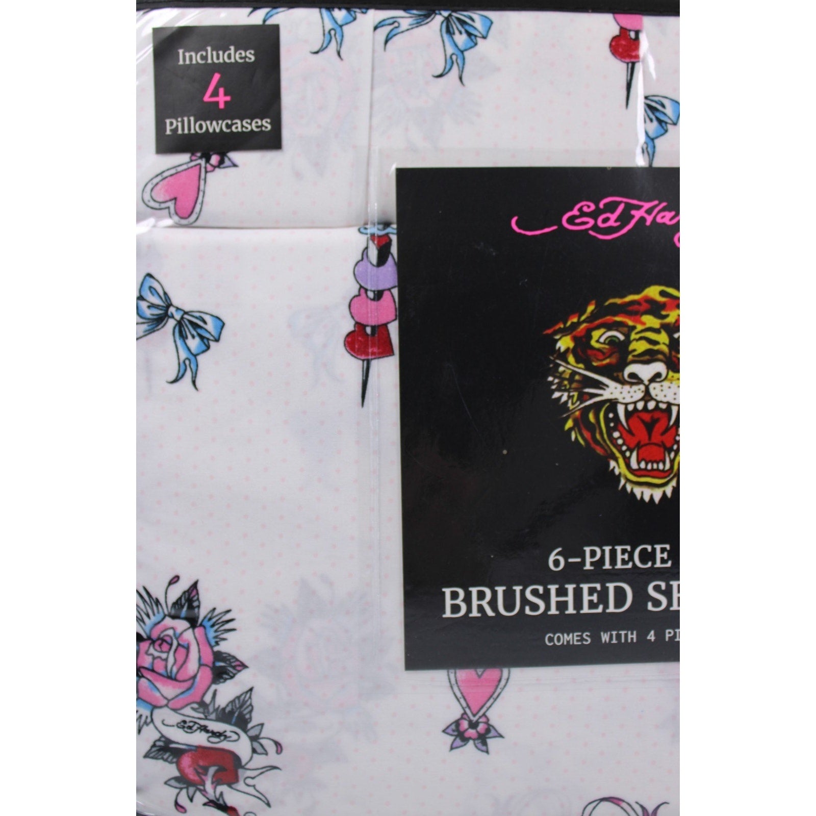 Ed Hardy KING 6pc Sheet Set with 4 Pillowcases Skulls, Bows, Roses, Hearts print