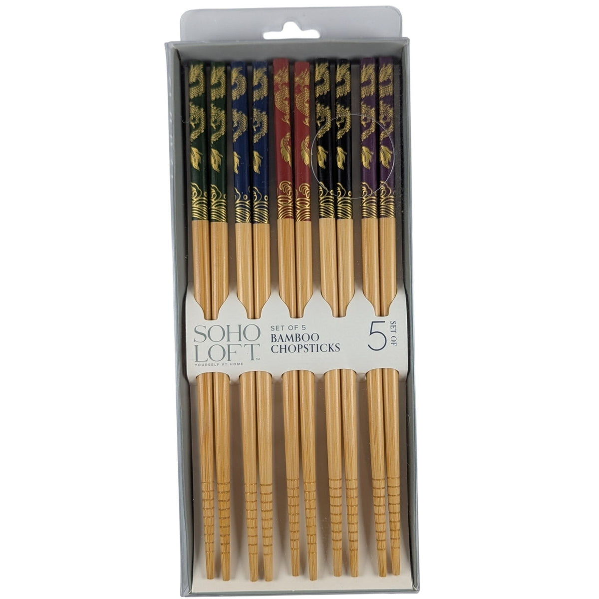 SOHO LOFT Set of 5 Durable Bamboo ChopSticks. Dragon design. 5 colors