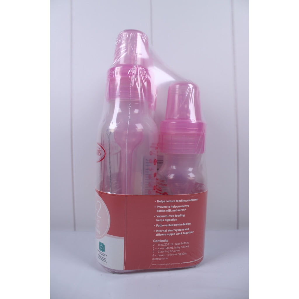 Dr Brown's Natural Flow BPA Free 0m+ Level 1 PINK 2+2 Bottles 4 Pack Set