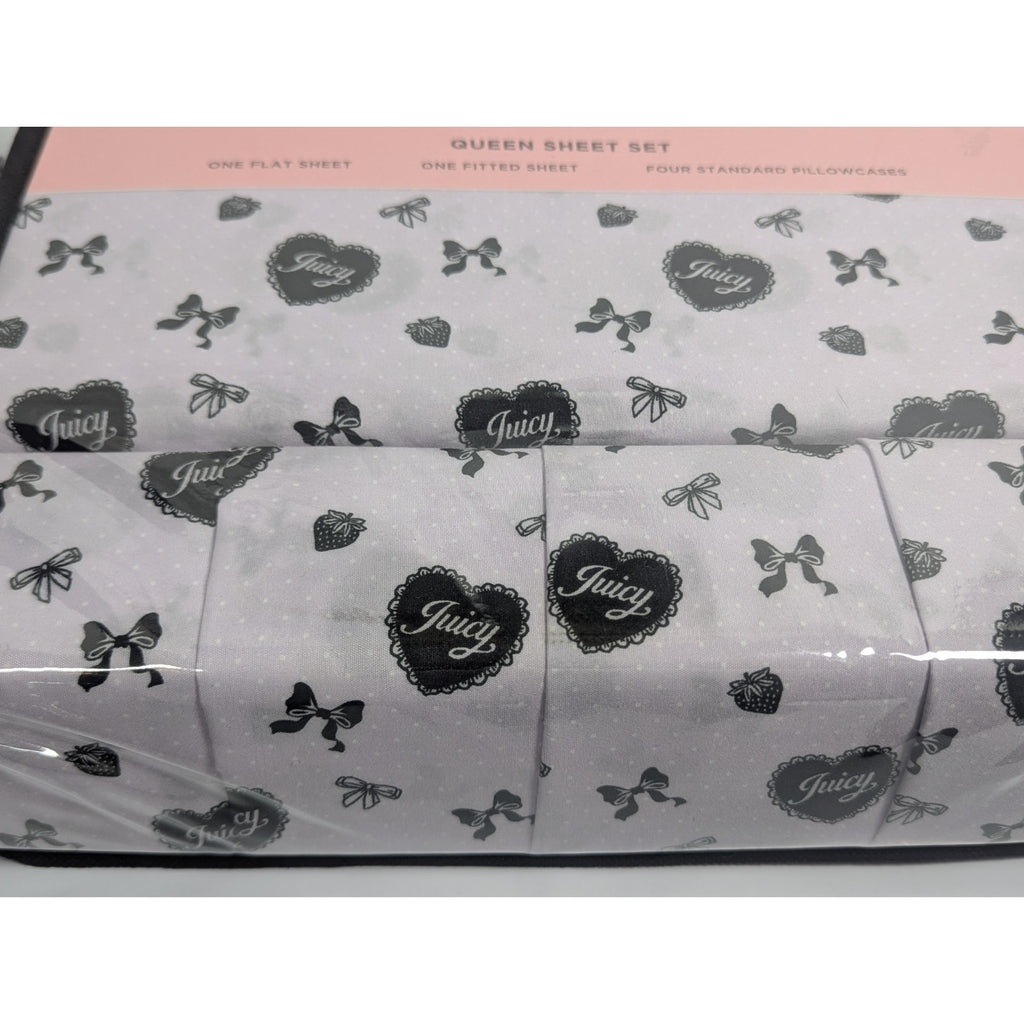 Juicy Couture Queen Size 6psc Bed Sheet Set Bows, Strawberries JC Hearts, Purple