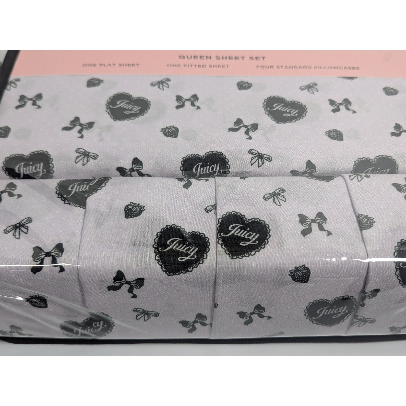 Juicy Couture Queen Size 6psc Bed Sheet Set Bows, Strawberries JC Hearts, Purple