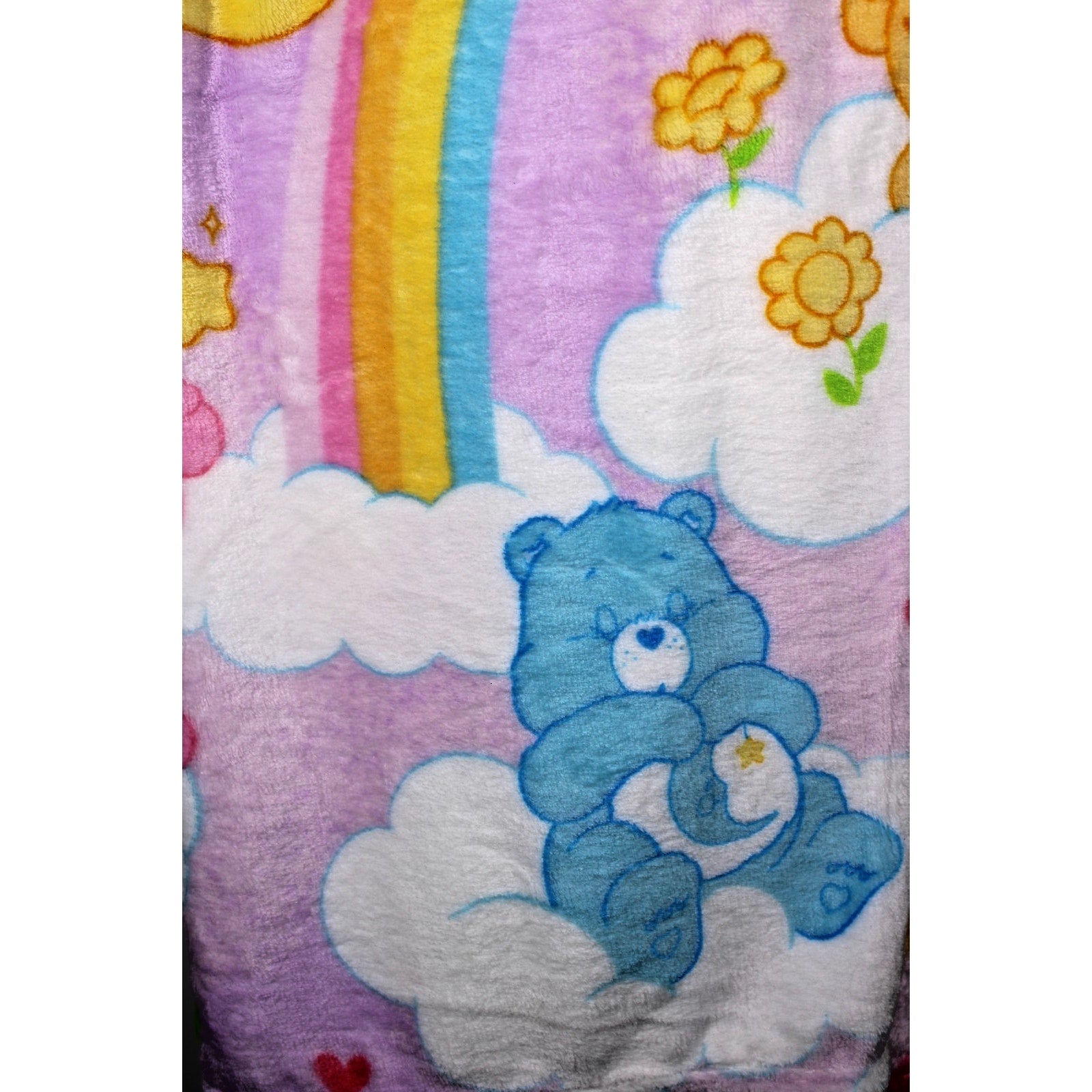 Care Bears Soft Throw Blanket Smiley Suns Rainbows Flowers and Clouds 50” X 70”
