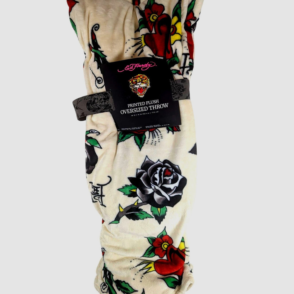 Ed Hardy Plush Throw 60x70 White Red Roses Black Roses Skull