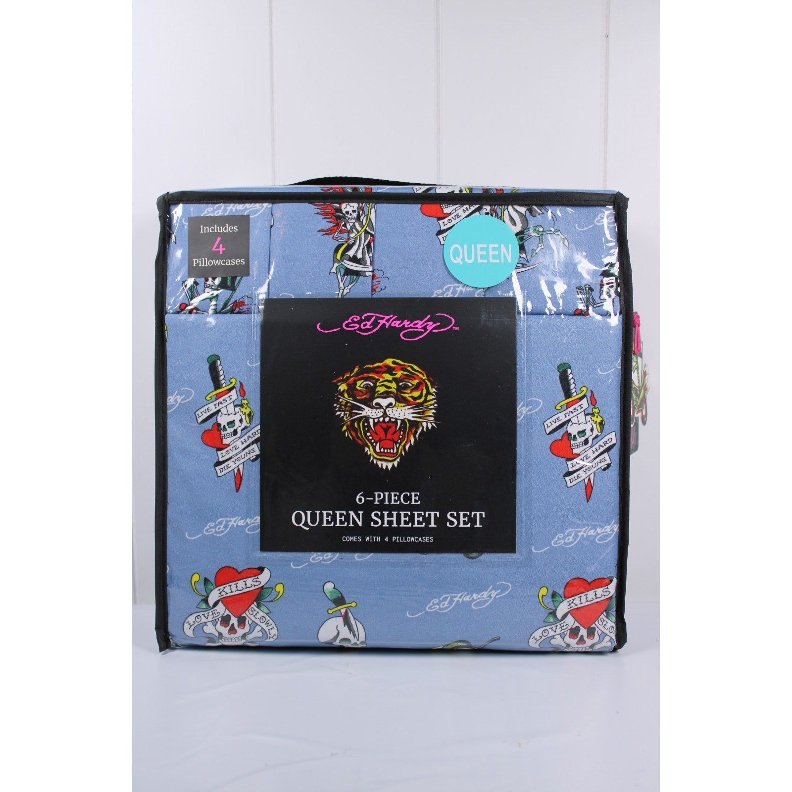 Ed Hardy QUEEN Sheet Set Blue Motorcycle Skull Love Kills Slowly Dagger 6 Piece