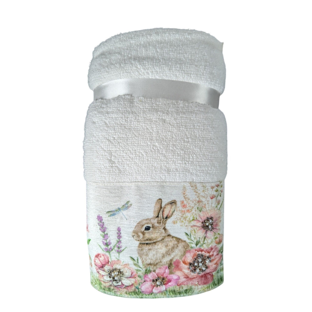 Easter Blessing Beaded Bunny Floral Hand Towels Set of 2, 16x28" 100% Cotton