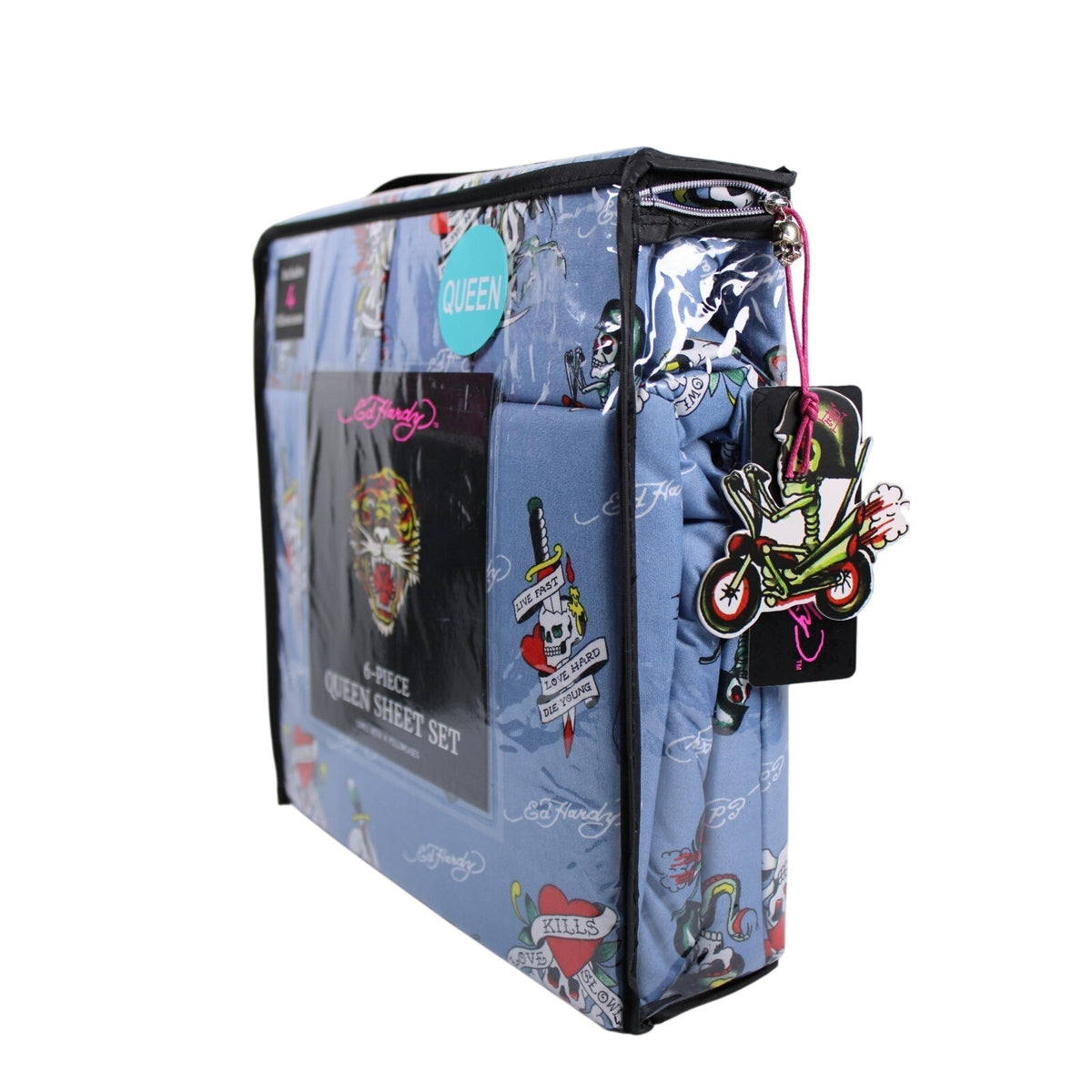 Ed Hardy QUEEN Sheet Set Blue Motorcycle Skull Love Kills Slowly Dagger 6 Piece
