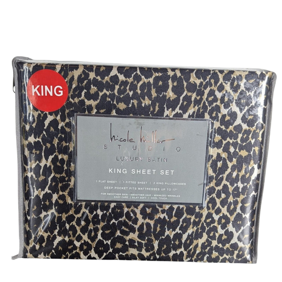Nicole Miller Studio Luxury Satin KING Sheet Set 4 Pc Leopard Cheetah - New