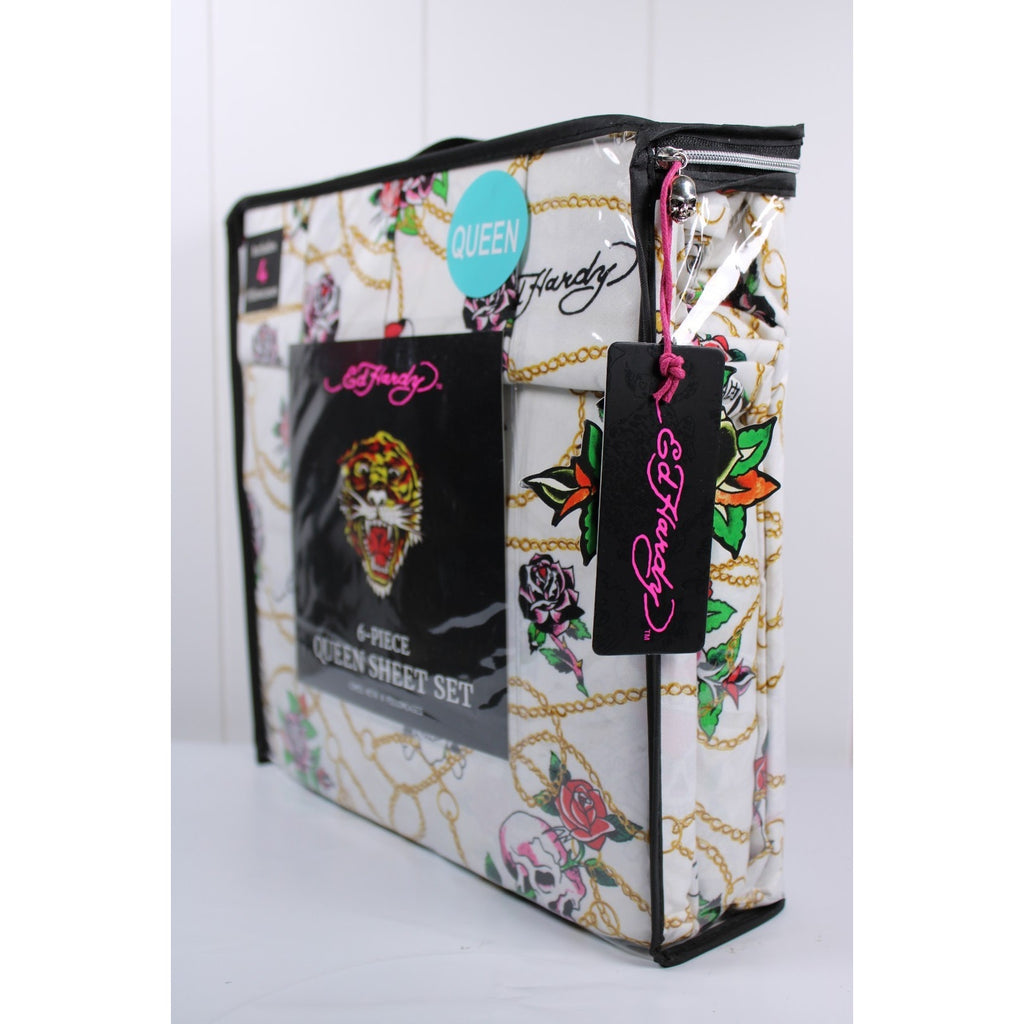 Ed Hardy White 6 pc Queen Sheet Set Skulls Roses Tattoo Print w/4 Pillowcases