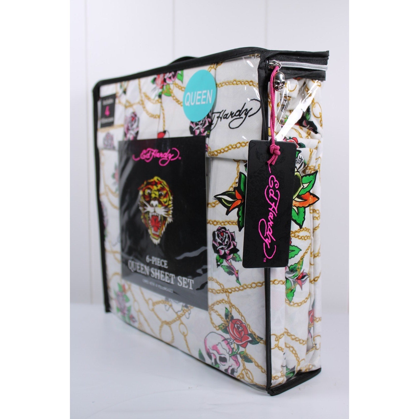 Ed Hardy White 6 pc Queen Sheet Set Skulls Roses Tattoo Print w/4 Pillowcases