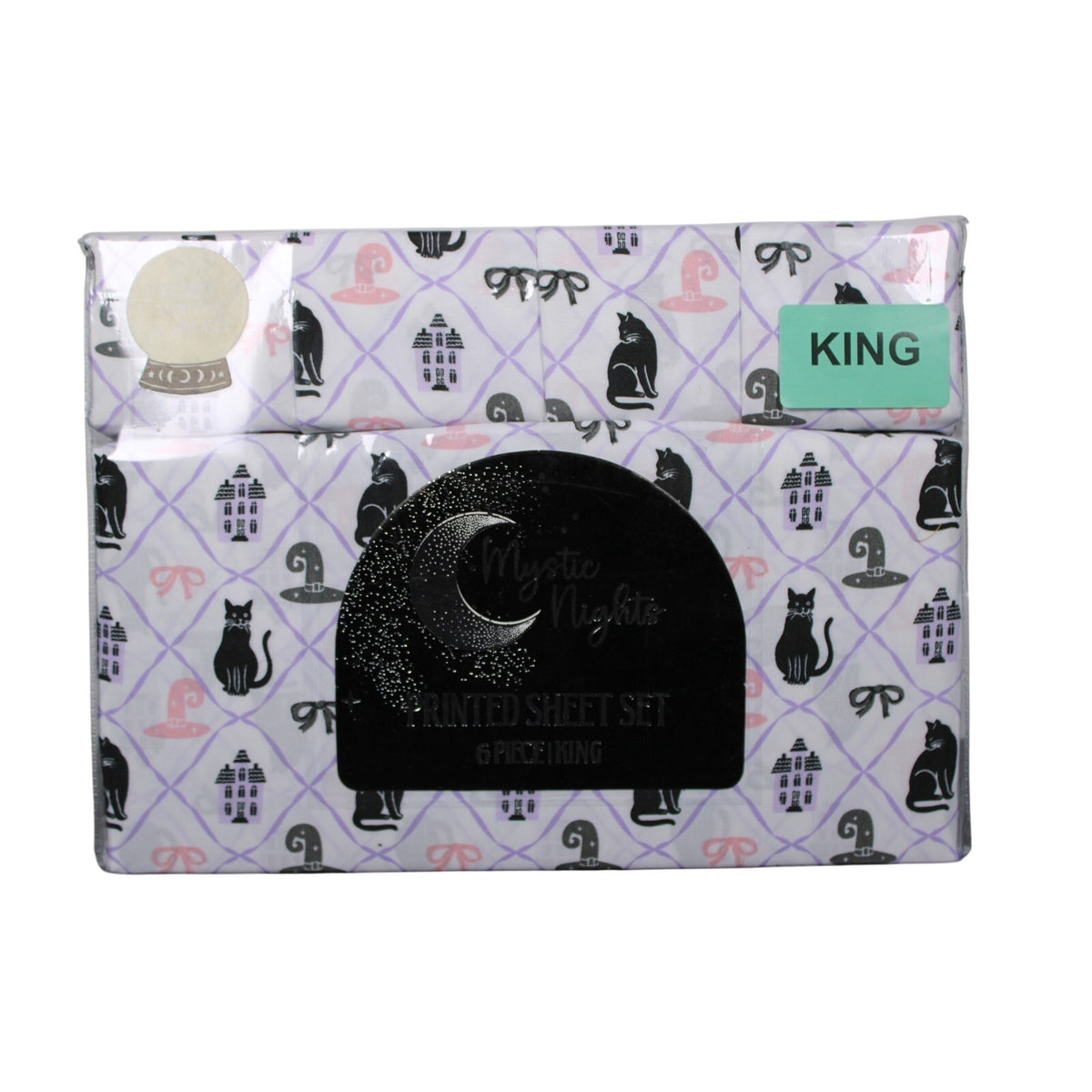 Halloween Haunted Black Cats/Hats/Bows KING Mystic Moon 6 Piece Sheet Set