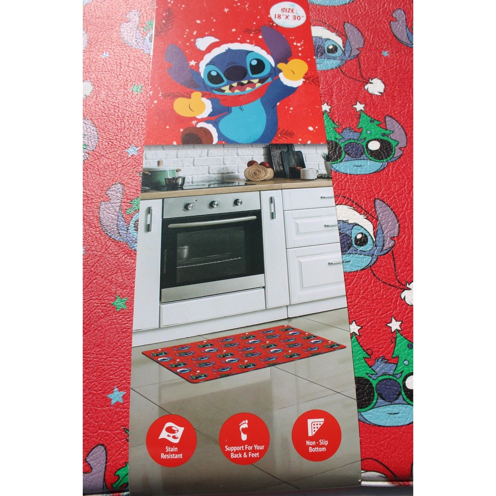 Disney Stitch Anti Fatigue Kitchen Mat 18 X 30” Christmas Tree Santa Hat NEW