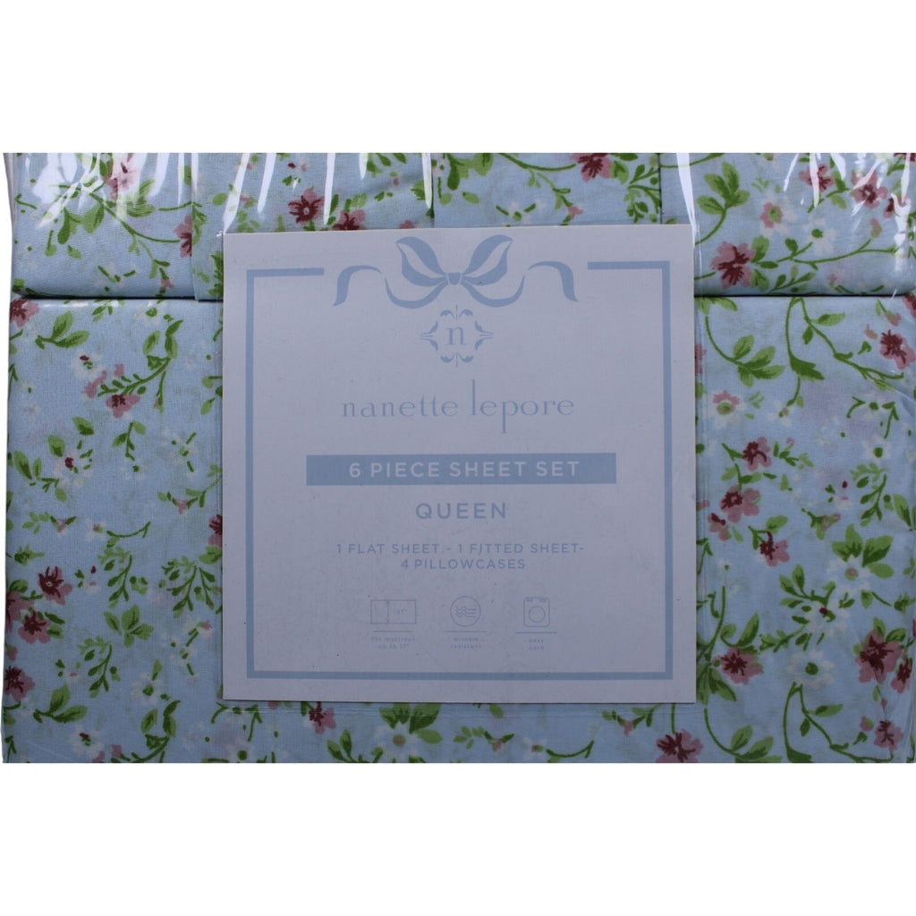 Nanette Lepore Queen 6 Piece Sheet Set Green, Pink Floral, 2 bonus pillowcases