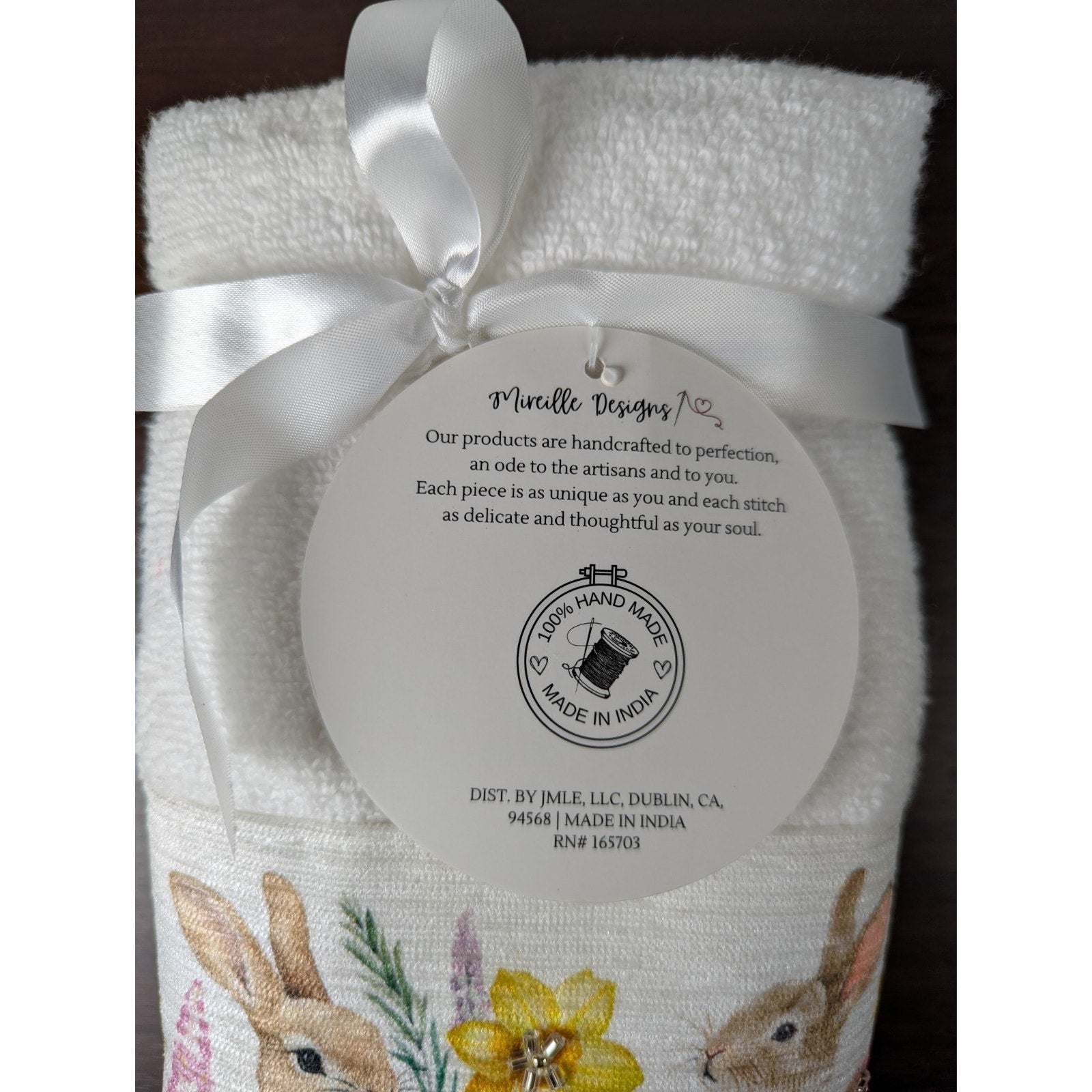 Happy Easter Spring Beaded Bunny Floral Hand Towels Set of 2, 16x28" 100% Cotton
