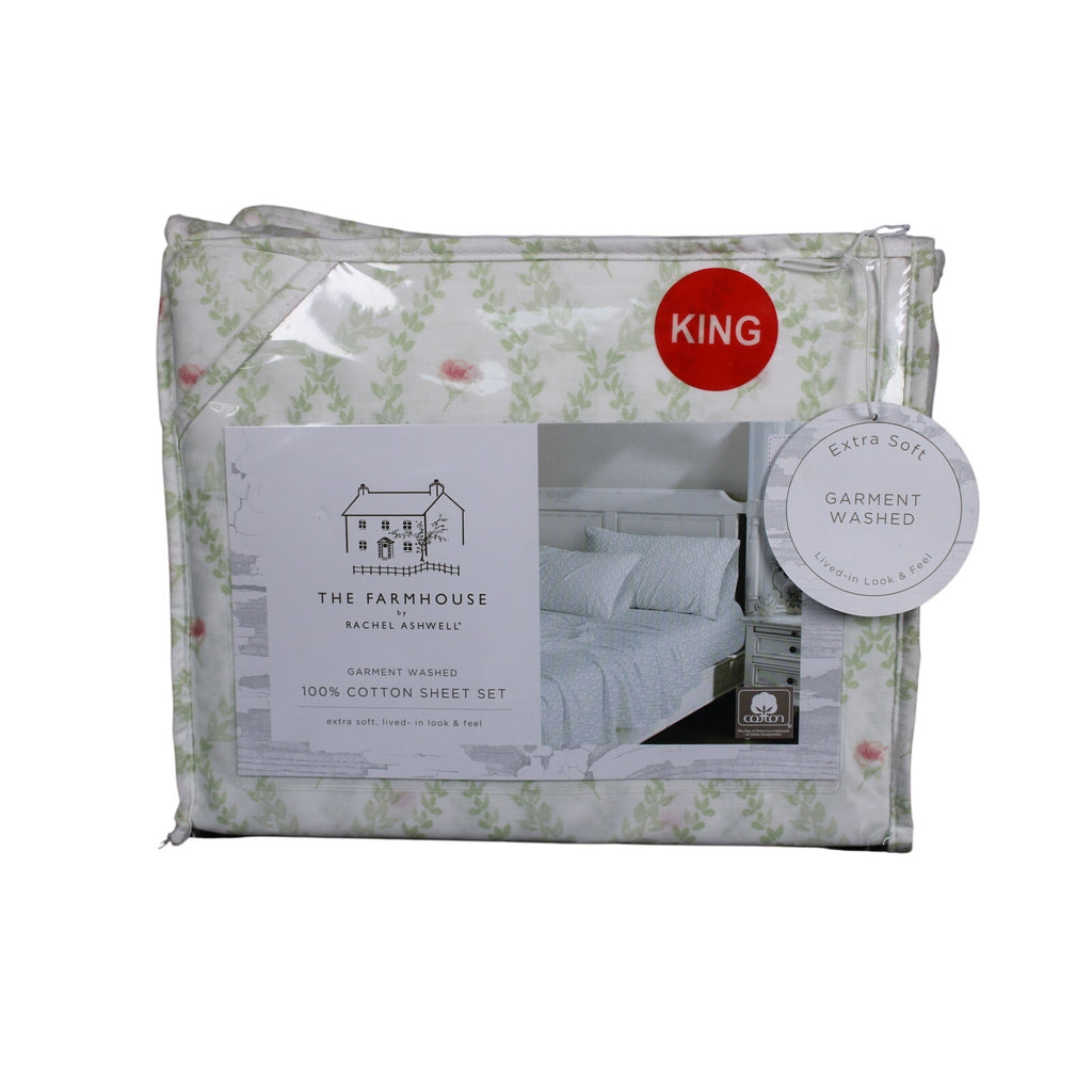 The Farmhouse Rachel Ashwell KING Sheet Set Green Floral Cotton Shabby Chic 4pcs