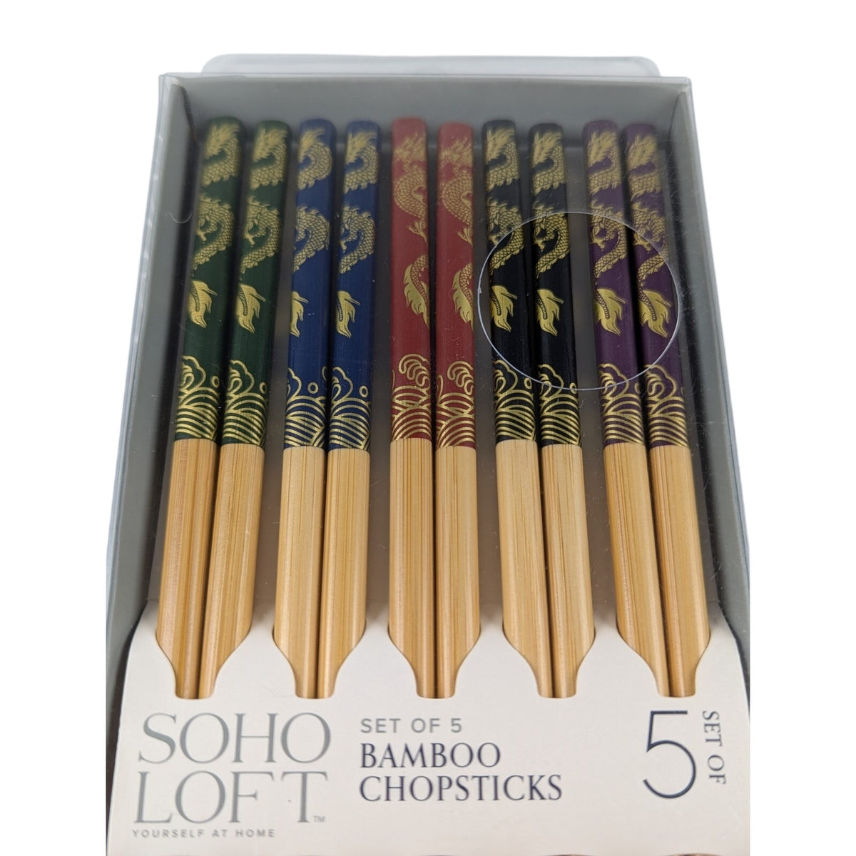 SOHO LOFT Set of 5 Durable Bamboo ChopSticks. Dragon design. 5 colors