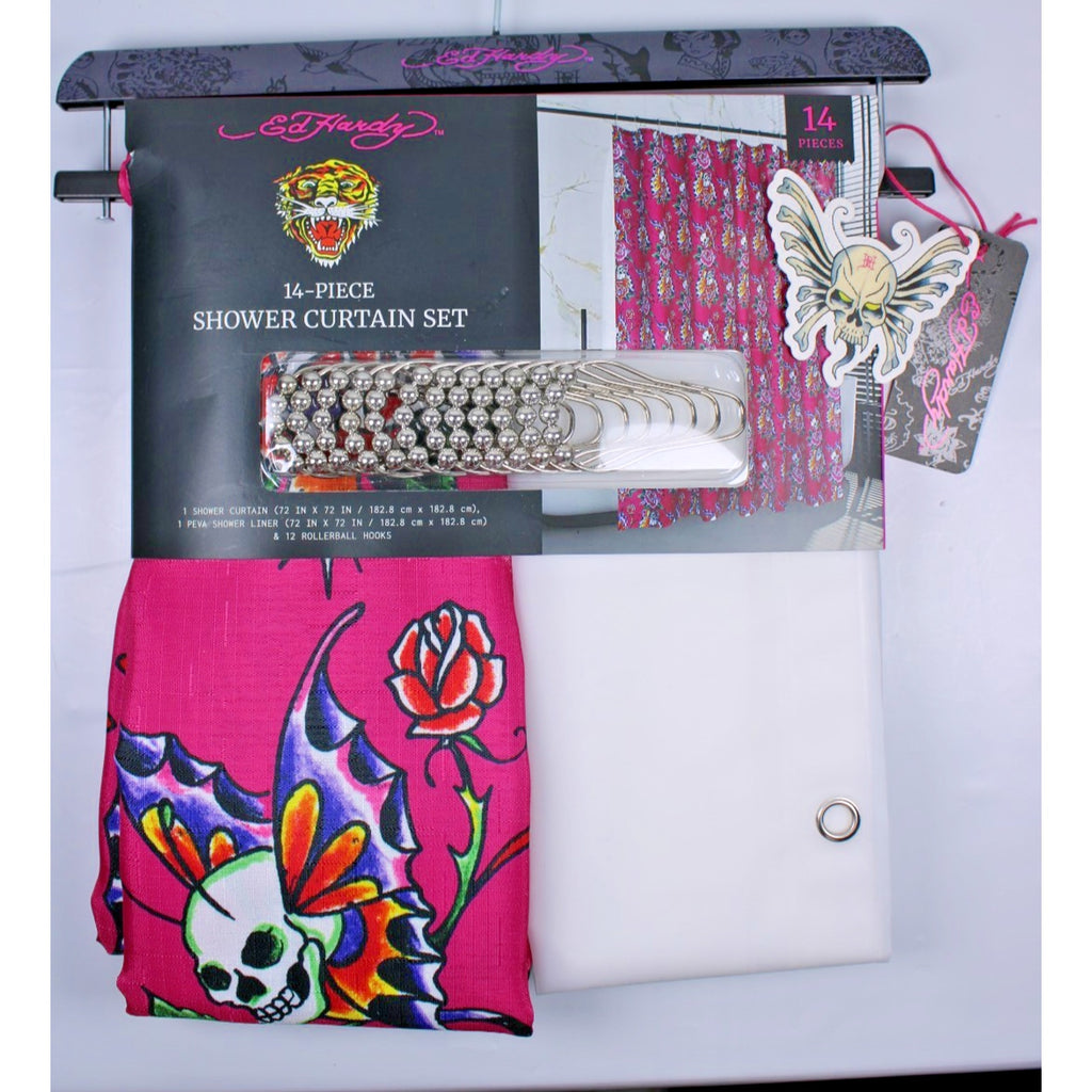 Ed Hardy 14 Piece Shower Curtain Set, Pink With Butterfly Skulls NWT