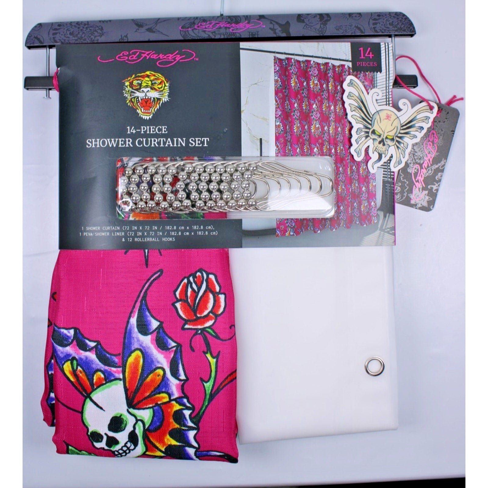 Ed Hardy 14 Piece Shower Curtain Set, Pink With Butterfly Skulls NWT
