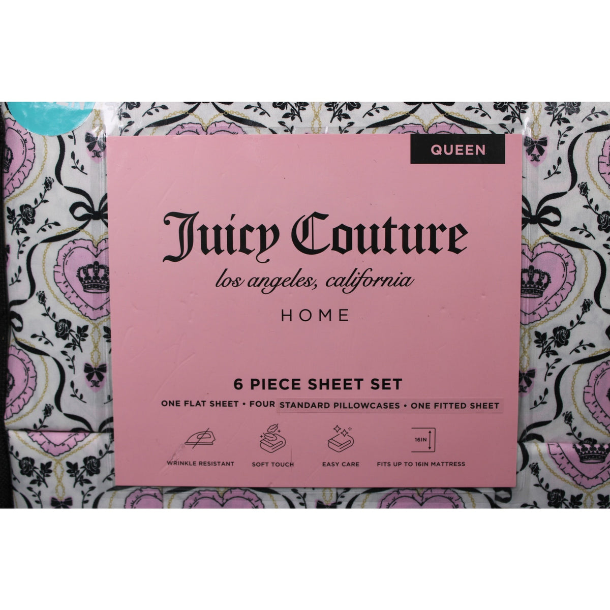 Juicy Couture Queen Sheet Set 6 Piece Black Crown Black Roses, Bows, Logos - NEW
