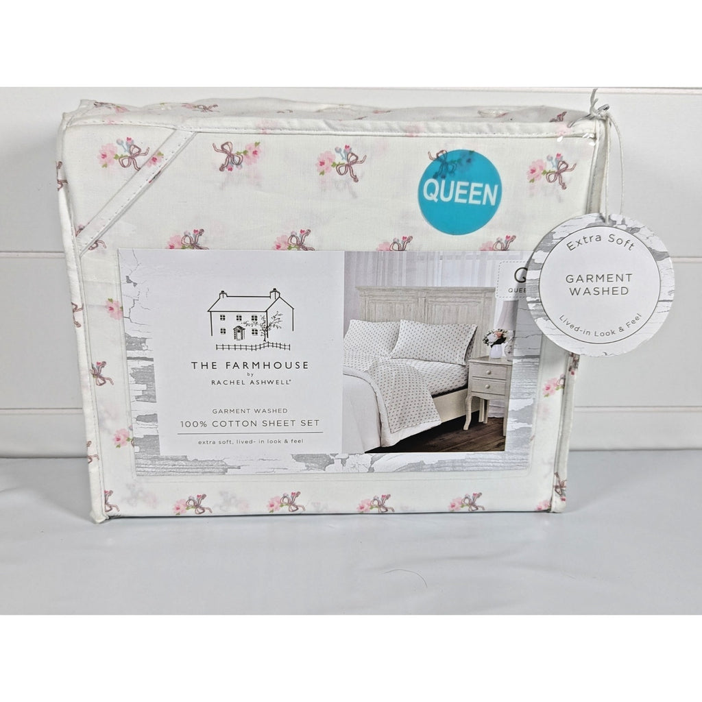 The Farmhouse Rachel Ashwell Pink Rose, Bows, Floral Queen Sheet Set, NEW