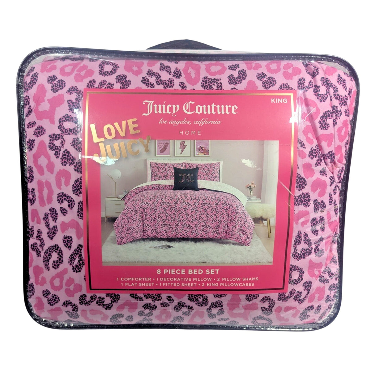 Juicy Couture Pink Black Leopard 8pc KING Bed Set Comforter Shams Sheets &Pillow