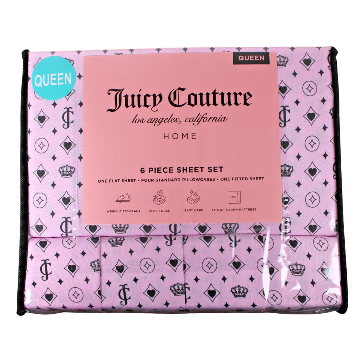 Juicy Couture Queen 6 pc Bed Sheet Set JC Logo Crown Heart Diamond Print