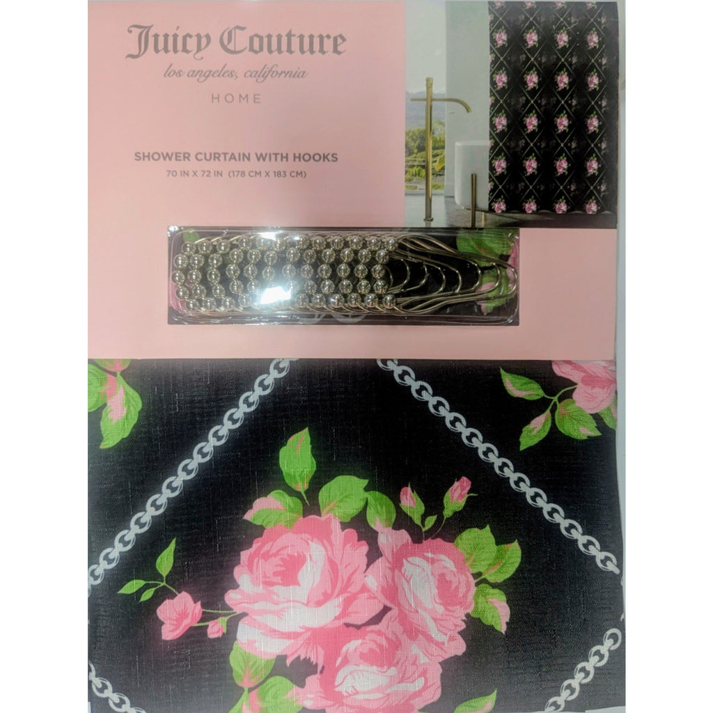 New Juicy Couture Pink Black Green Floral Roses Chain Fabric Shower Curtain Hook