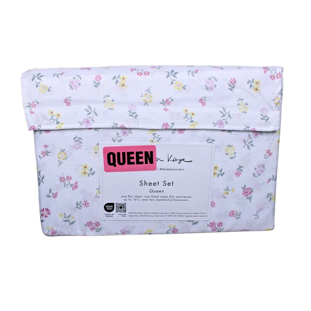 London Kaye Pink & Yellow Flower Garden Soft Brushed Queen Sheet Set NEW