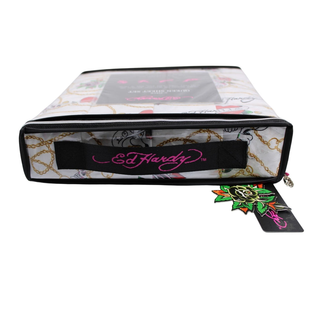 Ed Hardy White 6 pc Queen Sheet Set Skulls Roses Tattoo Print w/4 Pillowcases