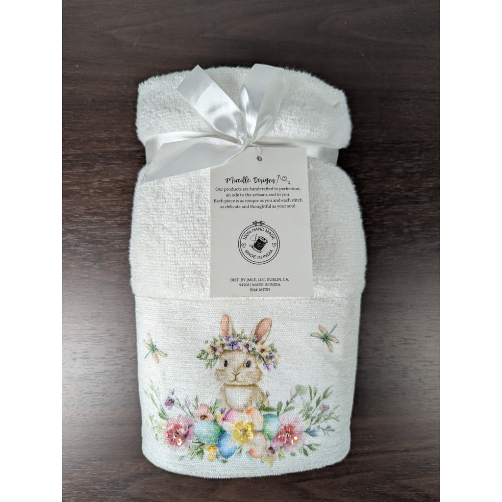 Easter Blessing Beaded Bunny Floral Hand Towels Set of 2, 16x28" 100% Cotton