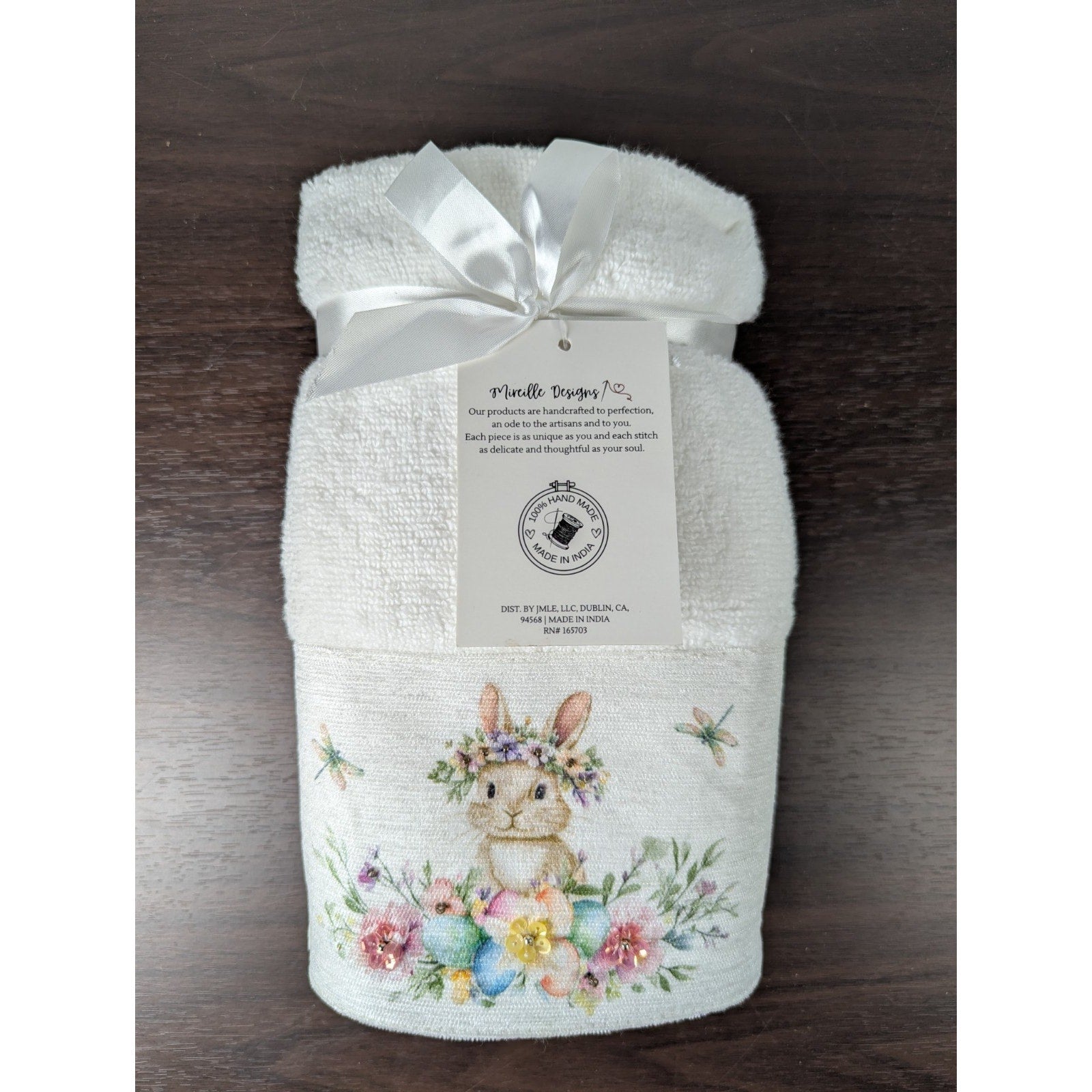 Easter Blessing Beaded Bunny Floral Hand Towels Set of 2, 16x28" 100% Cotton