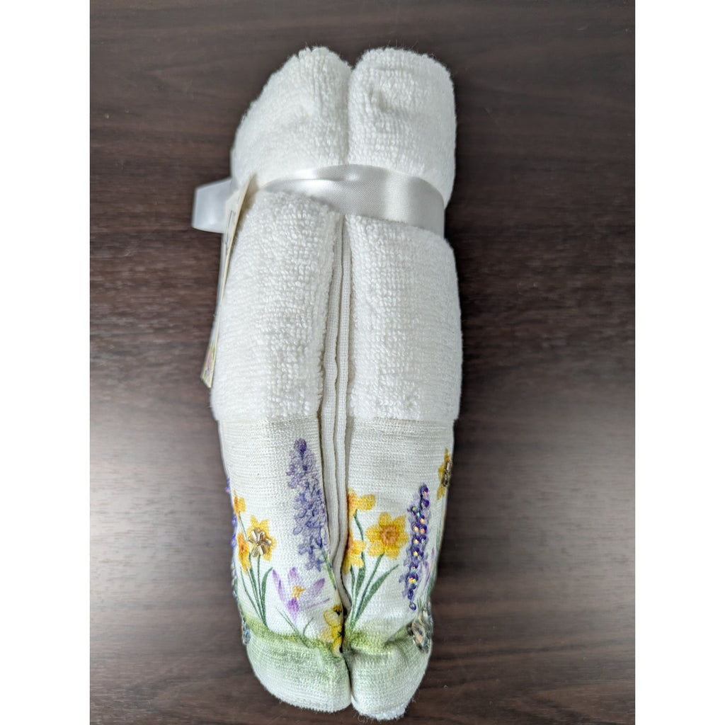 Easter Blessing Beaded Chick Floral Hand Towels Set of 2, 16x28" 100% Cotton
