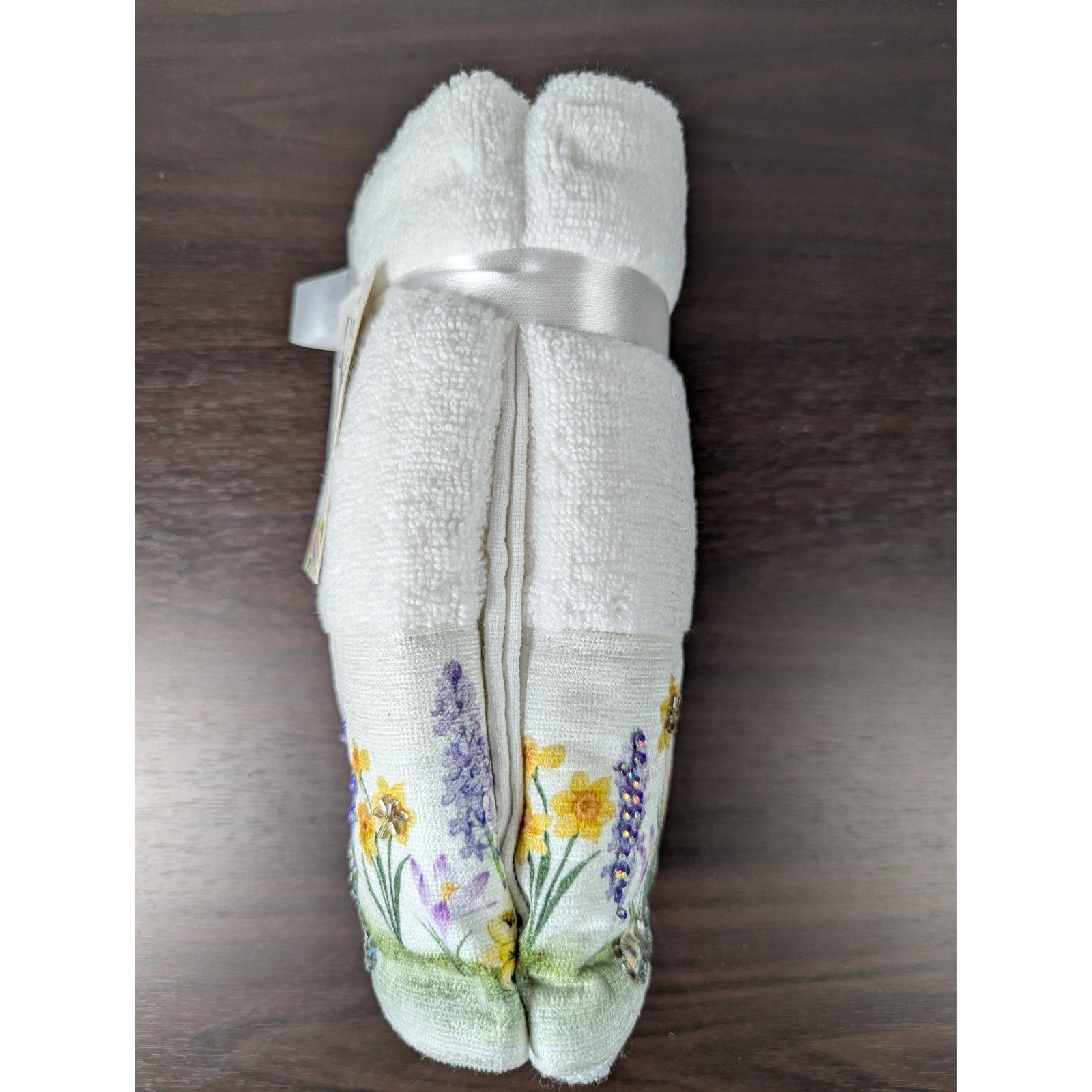 Easter Blessing Beaded Chick Floral Hand Towels Set of 2, 16x28" 100% Cotton