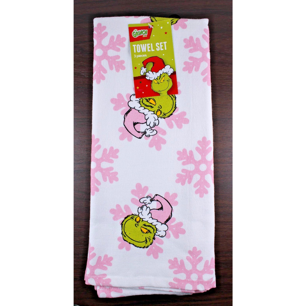 Dr. Seuss The Grinch Pink Snowflakes and Santa Hats Kitchen Towels Set of 3