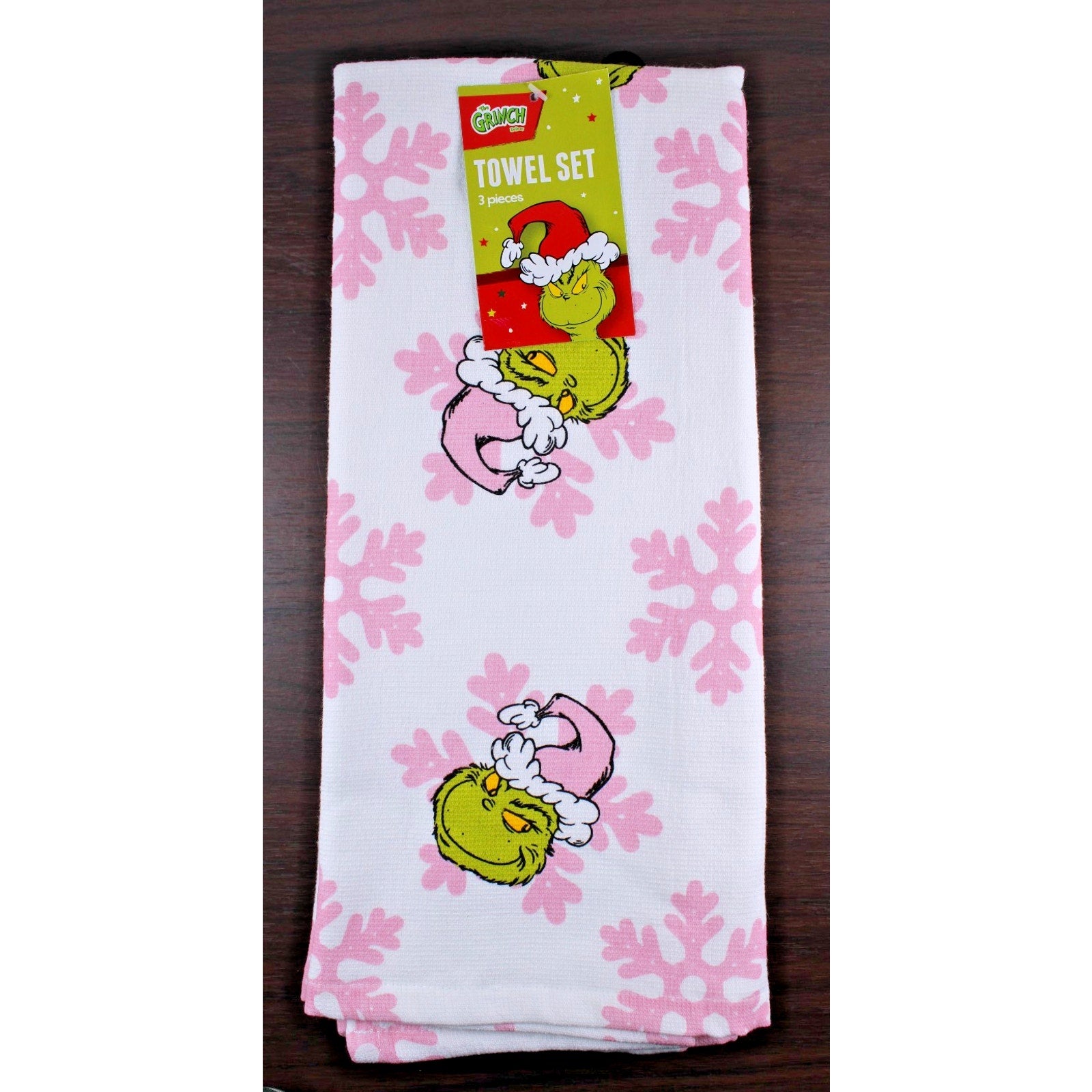 Dr. Seuss The Grinch Pink Snowflakes and Santa Hats Kitchen Towels Set of 3