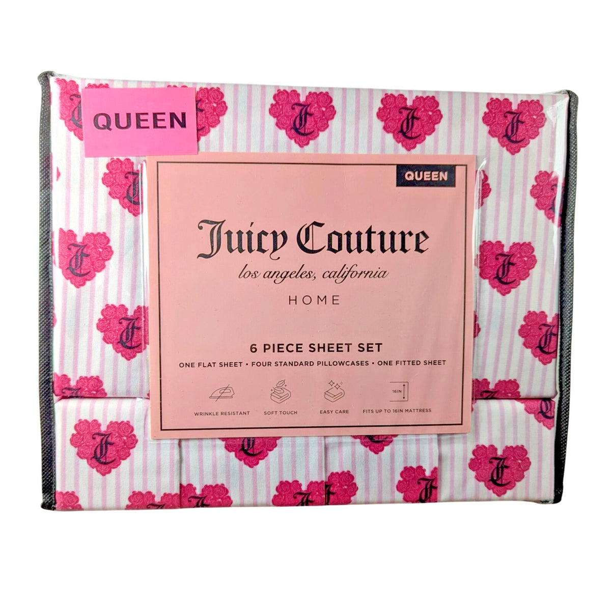 Juicy Couture Queen 6pc Sheet Set, Juicy Monogram, Rose Hearts & Pink Lines