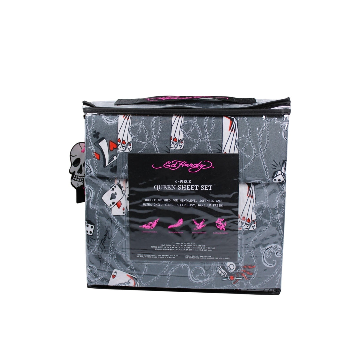 Ed Hardy 6 piece Queen Sheet Set Grey w/Cards &Tattoo Print with 4 Pillowcases
