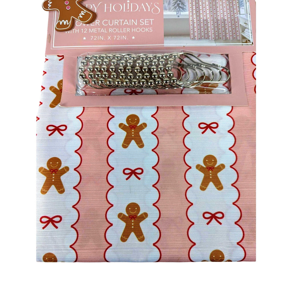 Holiday Shoppe Pink Gingerbread Man Shower Curtain 70x72 Christmas Bath + Hooks