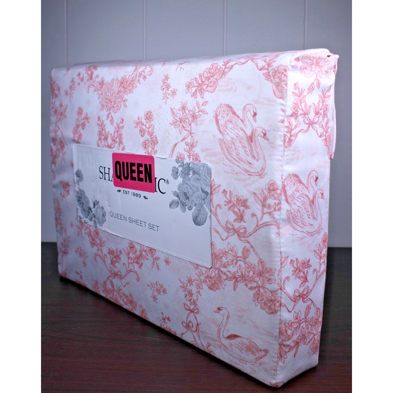 Shabby Chic Queen Sheet Set Swan Floral Coral Pink White Toile Vintage Inspired