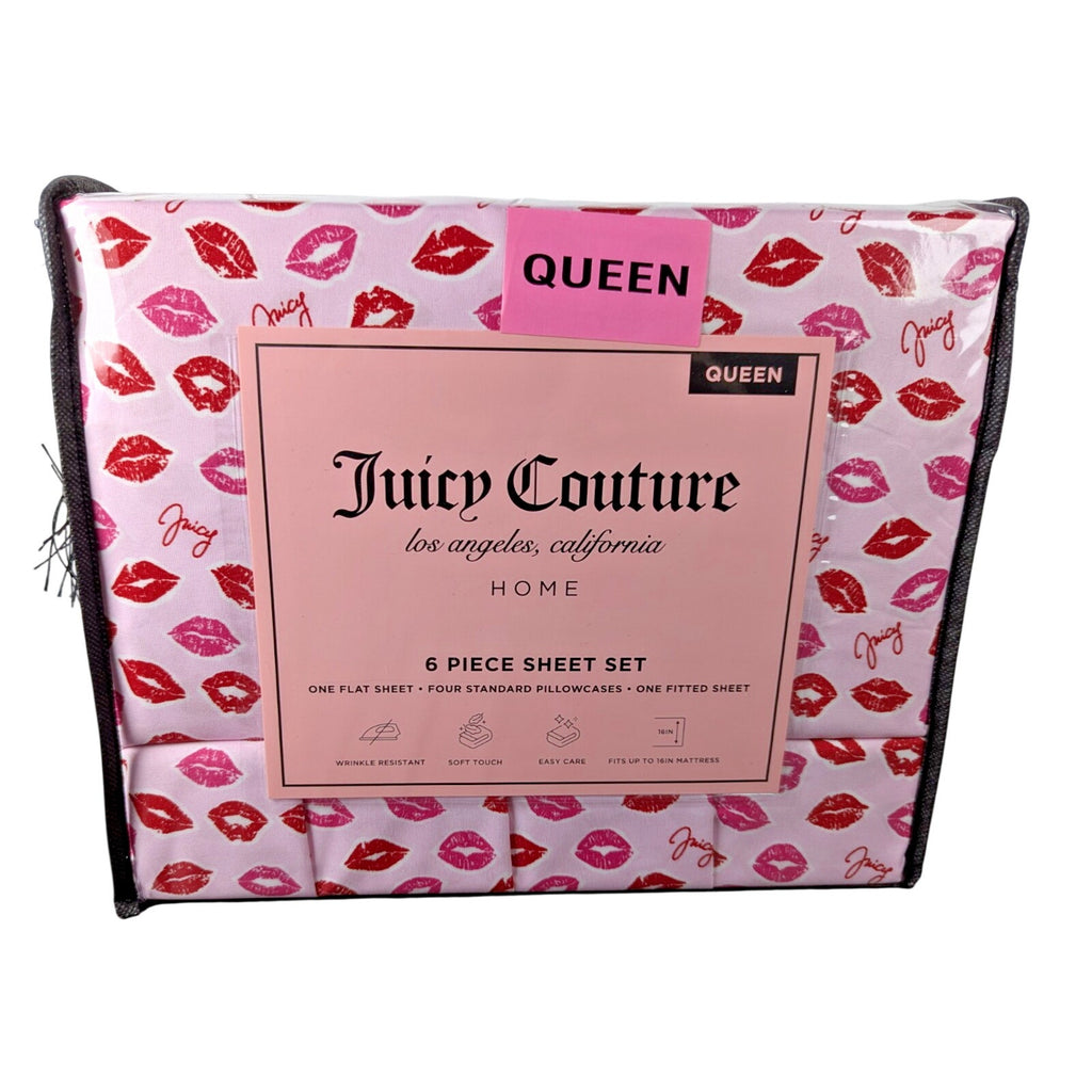 Juicy Couture Queen 6 Piece Sheet Set - Juicy Logo with Lip Pattern