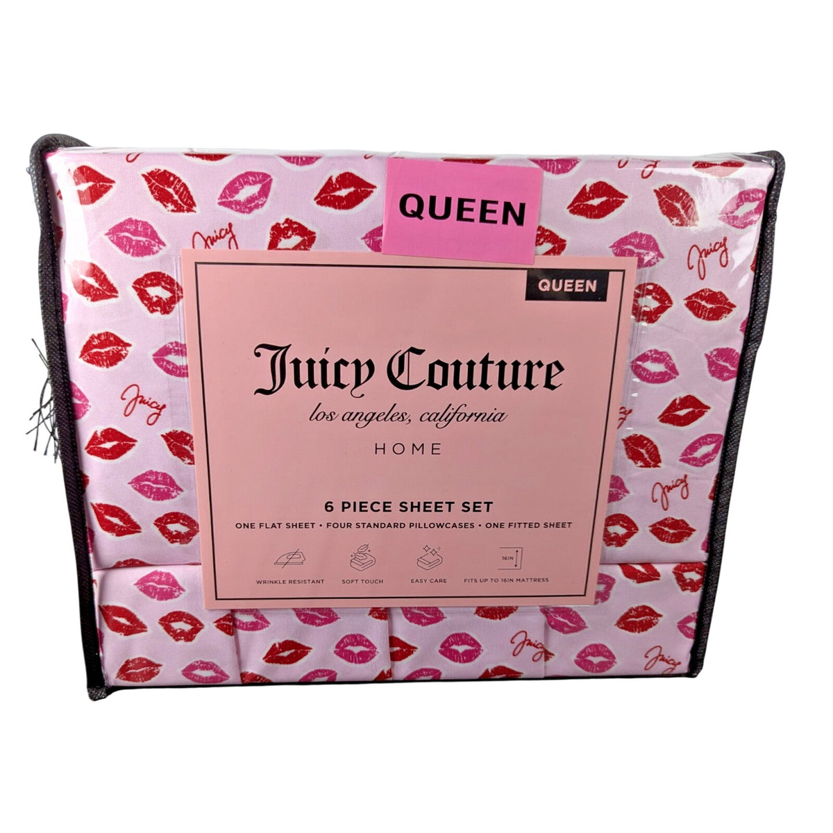 Juicy Couture Queen 6 Piece Sheet Set - Juicy Logo with Lip Pattern