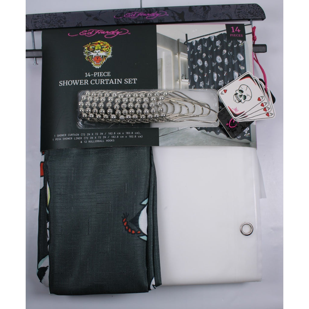 14-Pc Ed Hardy Skull POKER Cards Shower Curtain, Roller Ball Hooks, & Liner
