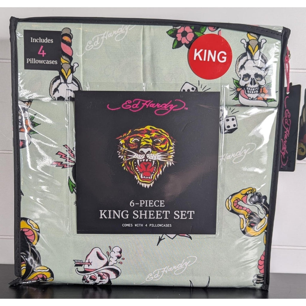 Ed Hardy 6-pc King Sheet Set w/4 Pillowcases, Skulls, Snake, Bird, Tiger- Green