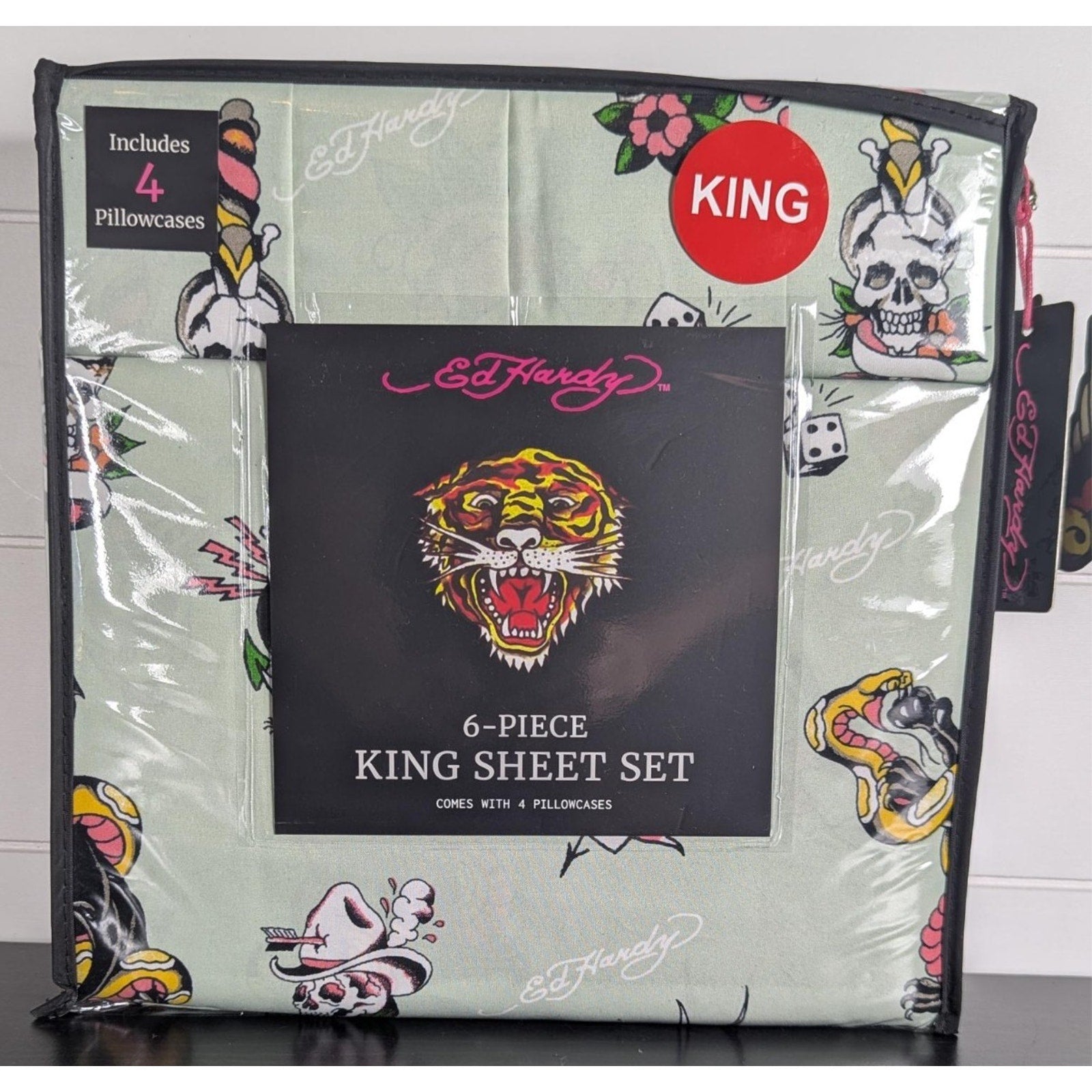 Ed Hardy 6-pc King Sheet Set w/4 Pillowcases, Skulls, Snake, Bird, Tiger- Green