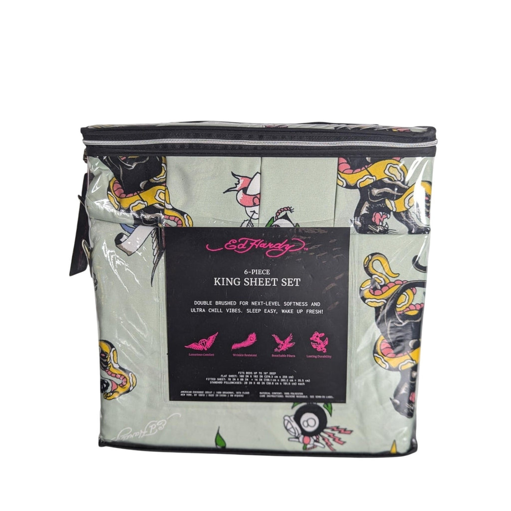 Ed Hardy 6-pc King Sheet Set w/4 Pillowcases, Skulls, Snake, Bird, Tiger- Green