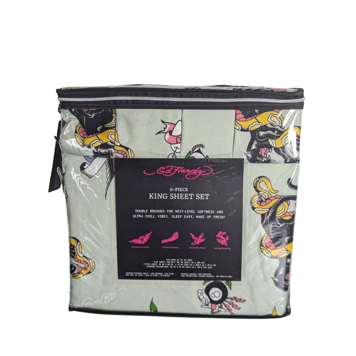Ed Hardy 6-pc King Sheet Set w/4 Pillowcases, Skulls, Snake, Bird, Tiger- Green