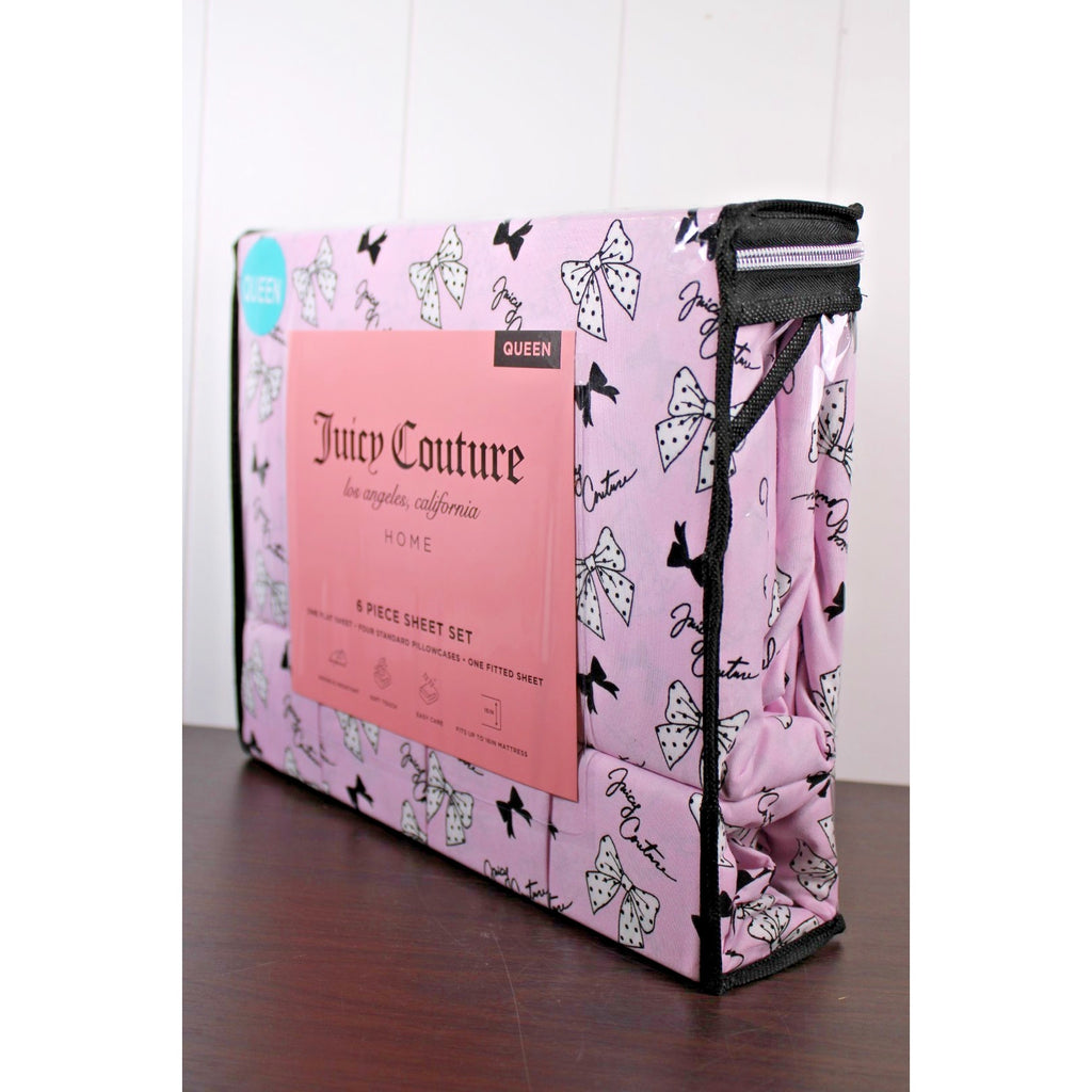 Juicy Couture Queen 6 pc Bed Sheet Set Pink & Black Polka Dot Bows