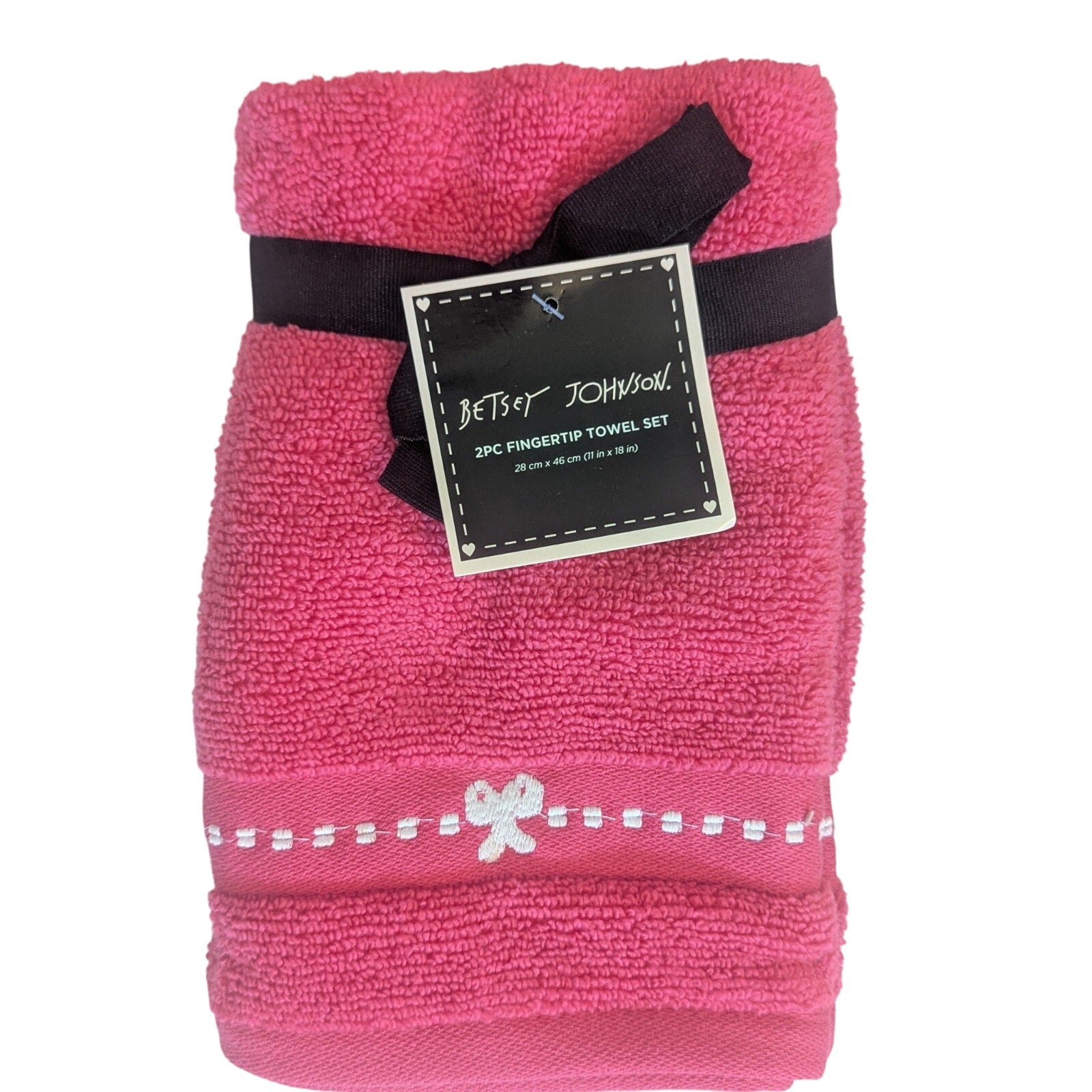 Betsey Johnson 2pc Hand Towels 11"x18" Row of Bows Pink Color 100% Cotton