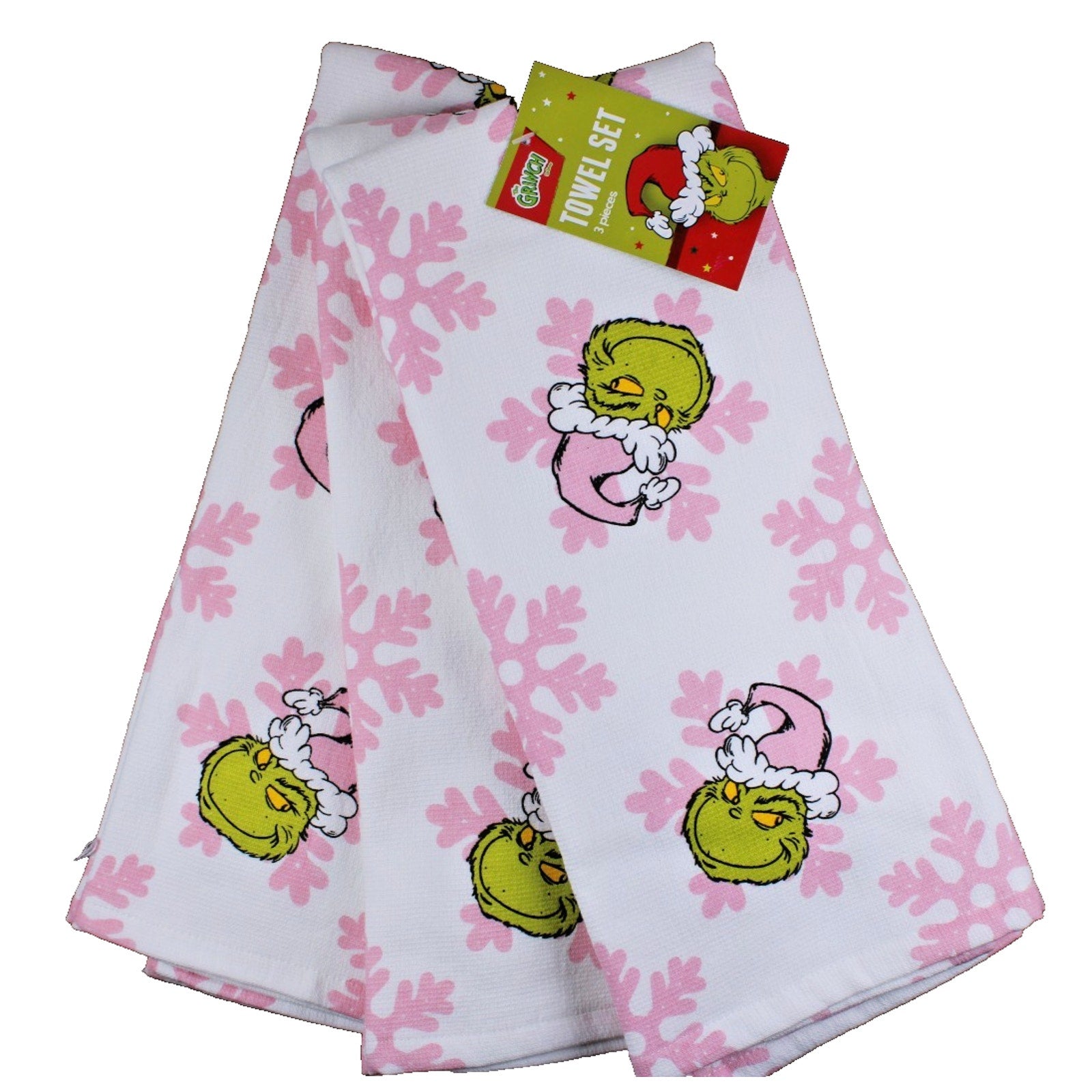 Dr. Seuss The Grinch Pink Snowflakes and Santa Hats Kitchen Towels Set of 3